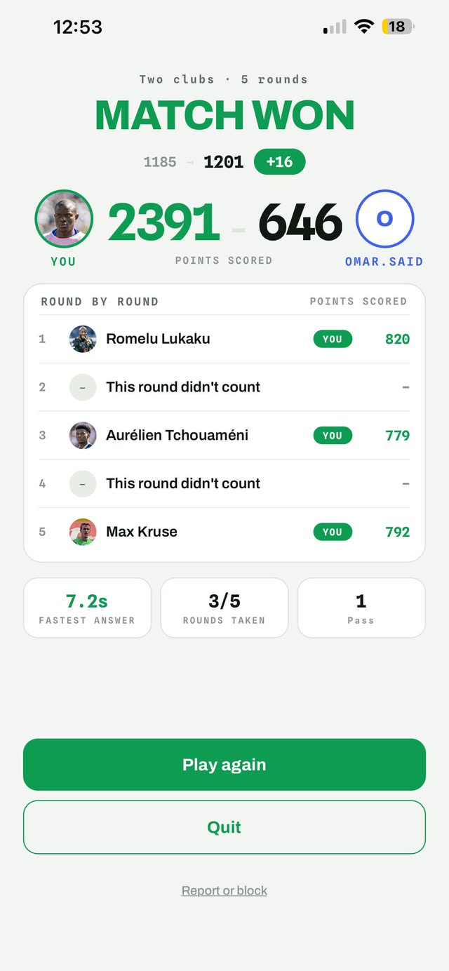 The end of a match, round by round, with the rating change.